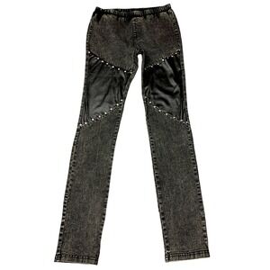 Voice of California Acid Wash Studded Faux Leather Panel Leggings Grey Punk S